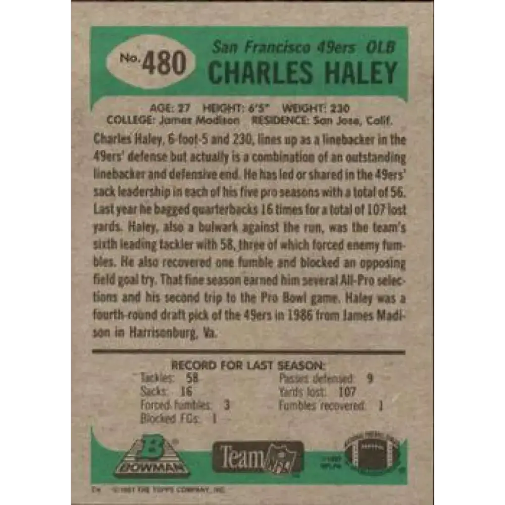 1991 Bowman #480 Charles Haley NM-MT San Francisco 49ers Football Card - Football Card Single
