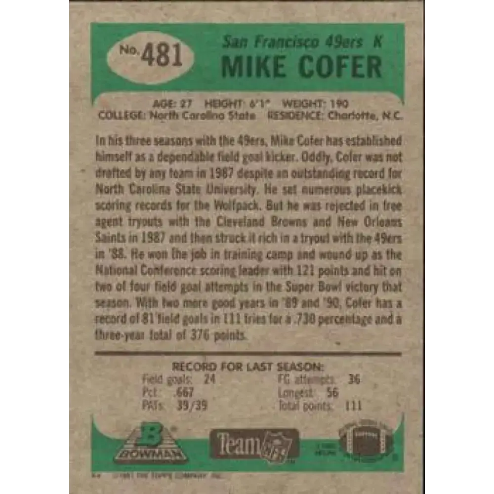 1991 Bowman #481 Mike Cofer NM-MT San Francisco 49ers Football Card - Football Card Single
