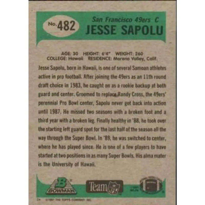 1991 Bowman #482 Jesse Sapolu NM-MT San Francisco 49ers Football Card - Football Card Single