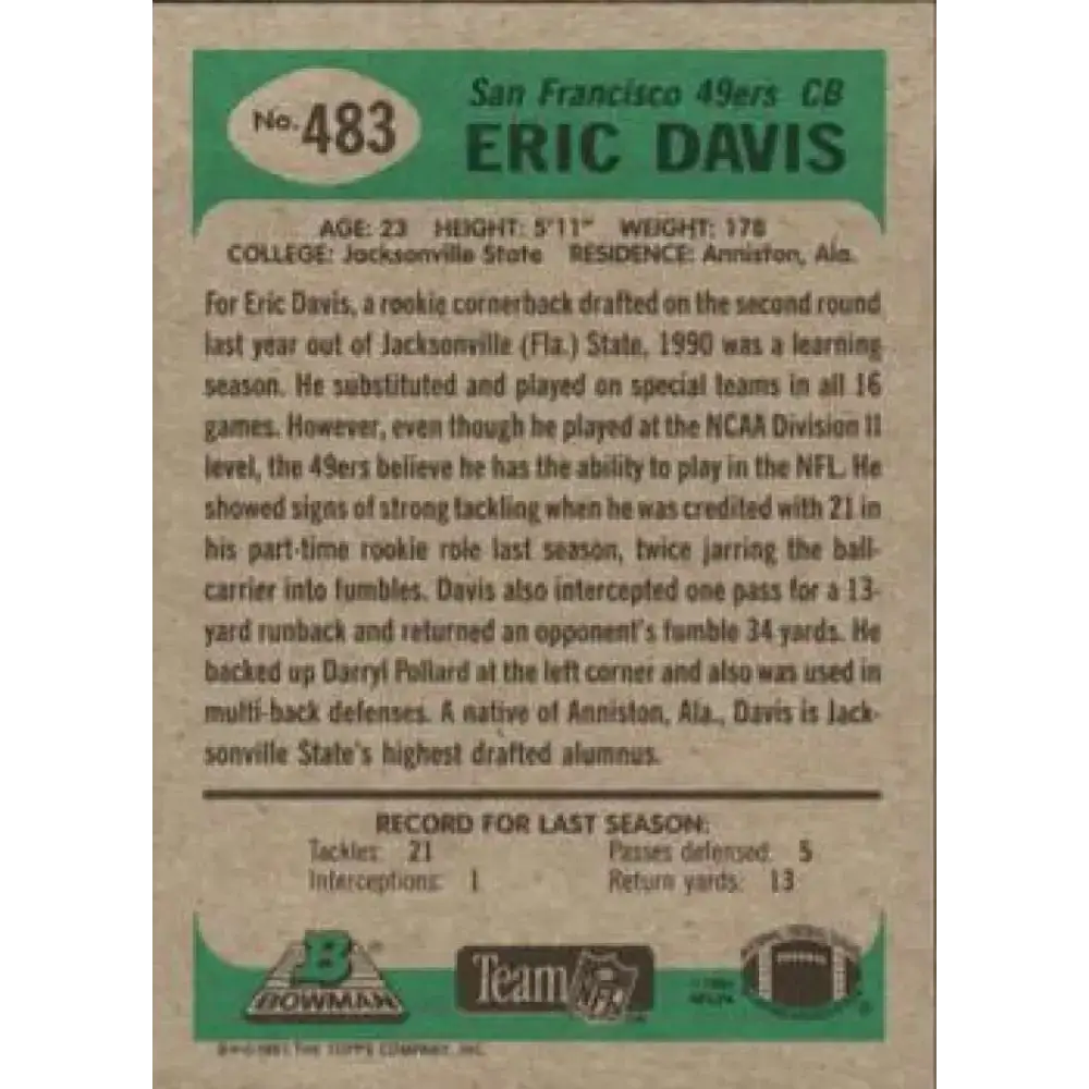 1991 Bowman #483 Eric Davis NM-MT San Francisco 49ers Football Card - Football Card Single