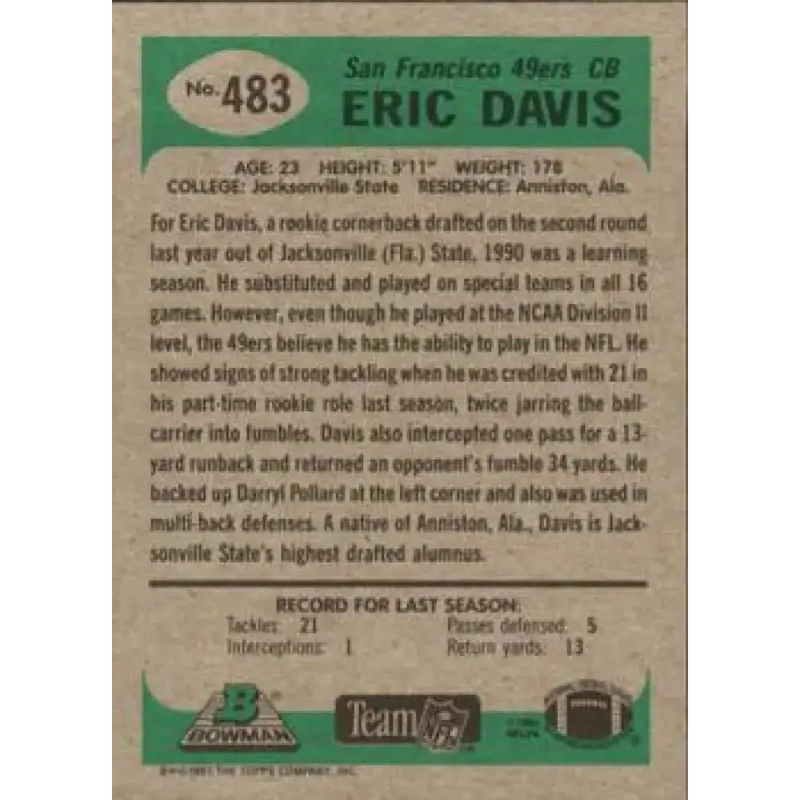 1991 Bowman #483 Eric Davis NM-MT San Francisco 49ers Football Card - Football Card Single