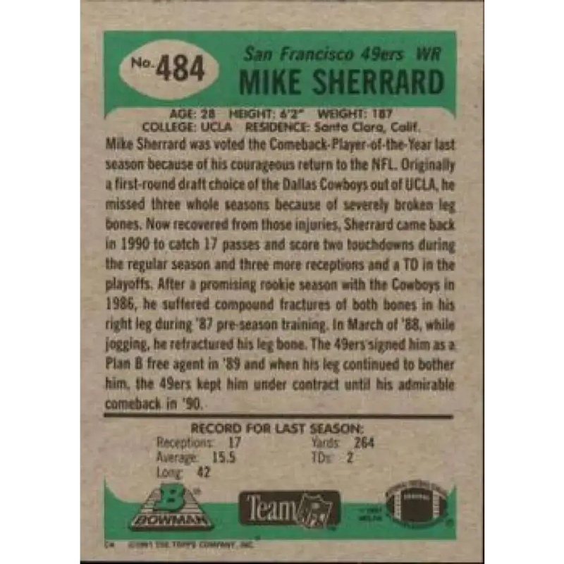 1991 Bowman #484 Mike Sherrard NM-MT San Francisco 49ers Football Card - Football Card Single