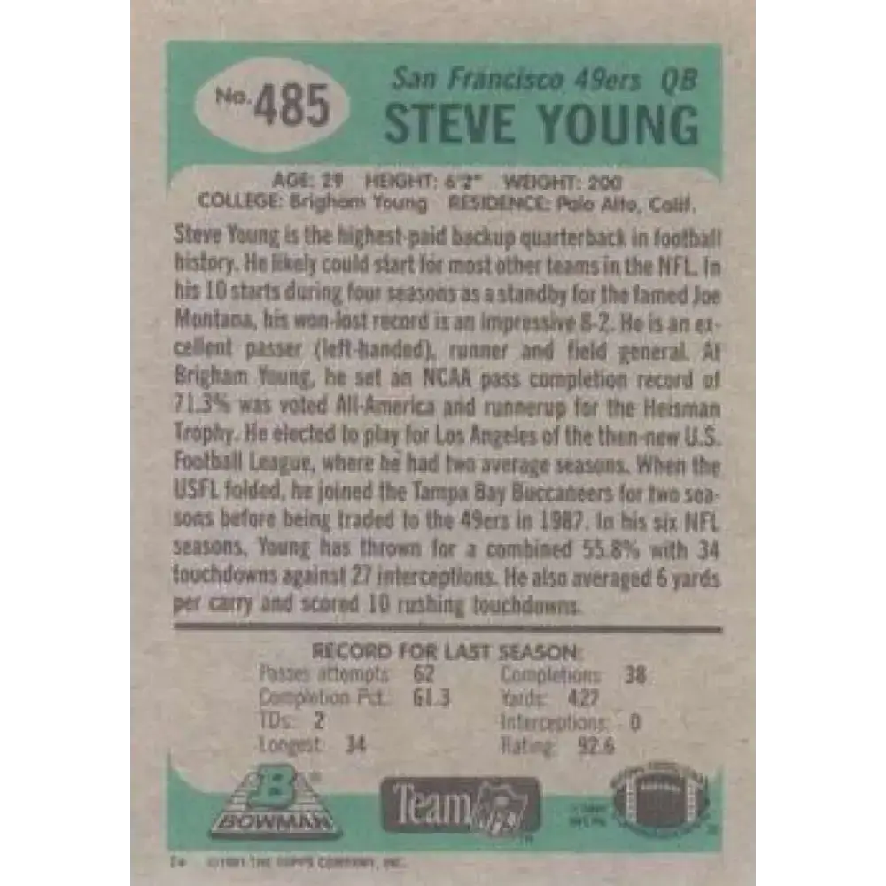 1991 Bowman #485 Steve Young NM-MT San Francisco 49ers Football Card - Football Card Single
