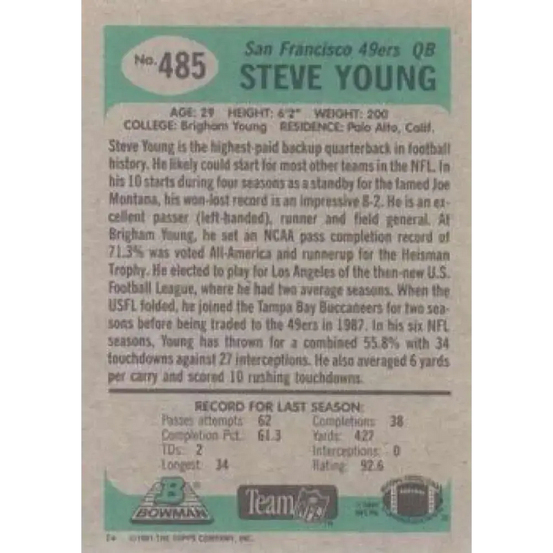 1991 Bowman #485 Steve Young NM-MT San Francisco 49ers Football Card - Football Card Single