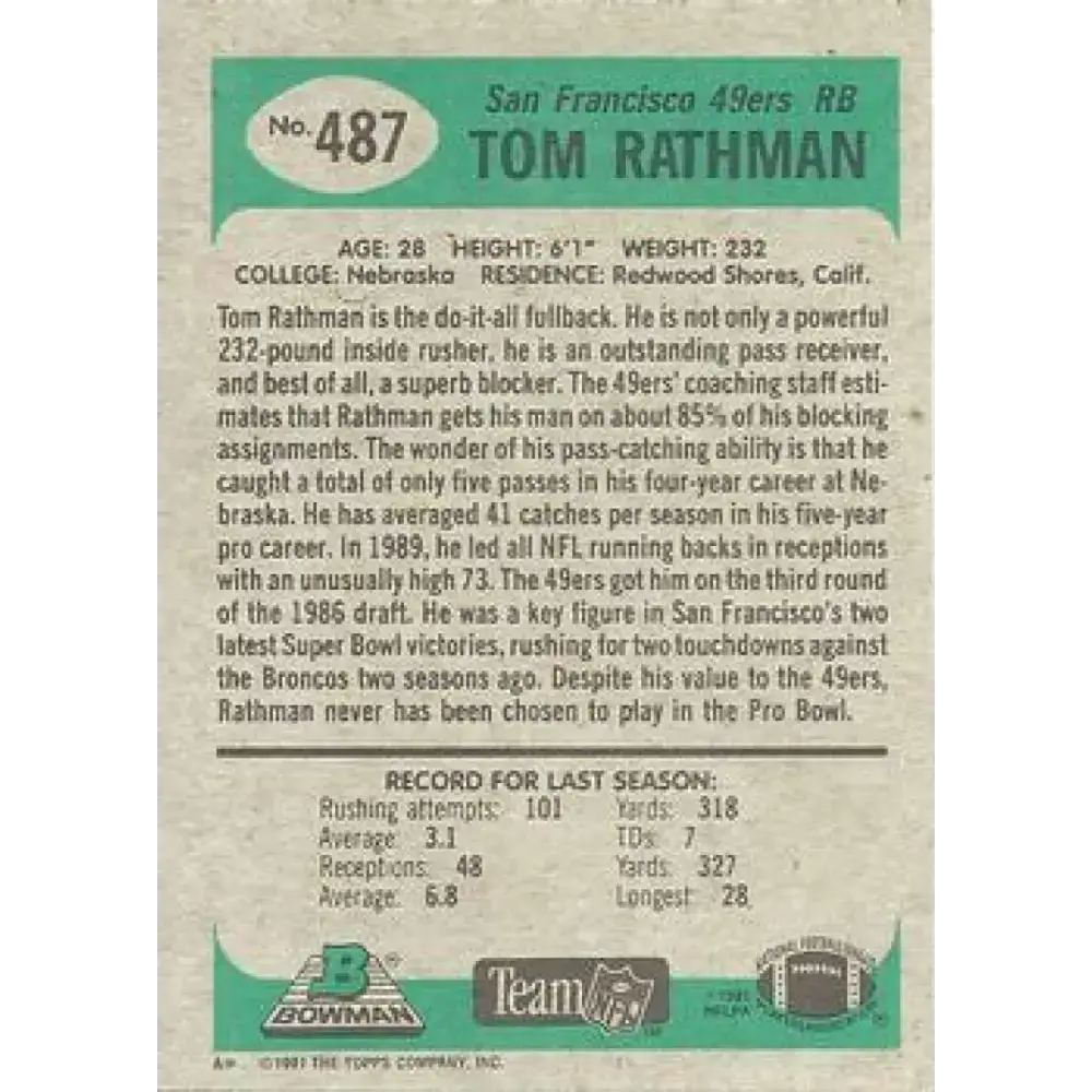1991 Bowman #487 Tom Rathman NM-MT San Francisco 49ers Football Card - Football Card Single