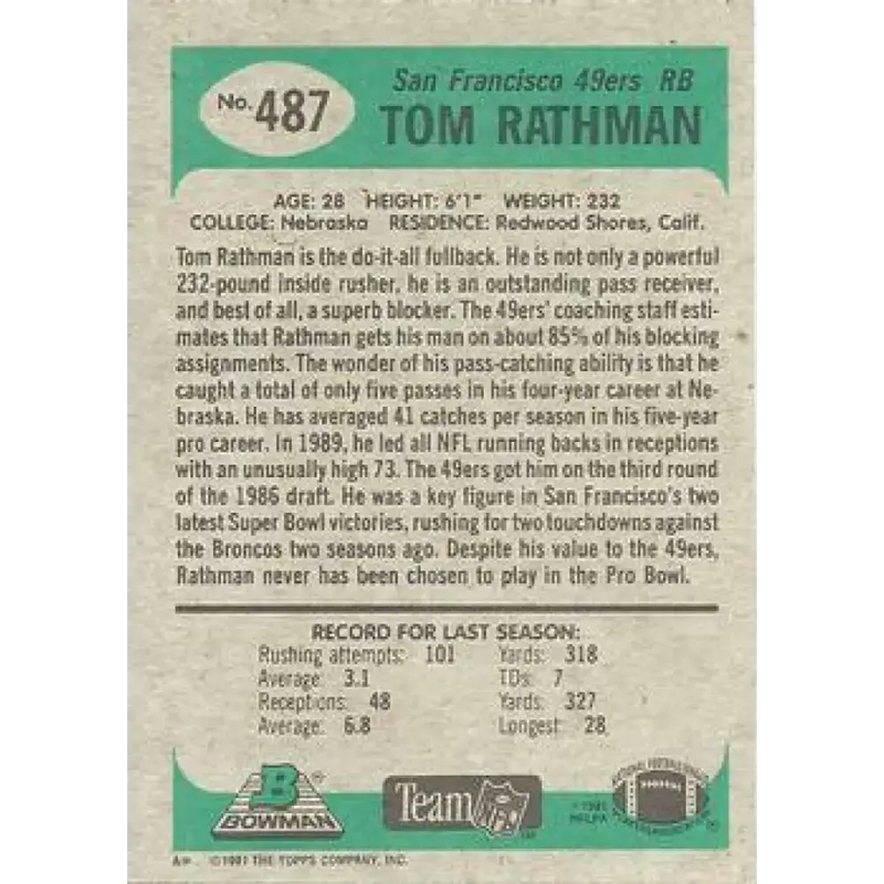 1991 Bowman #487 Tom Rathman NM-MT San Francisco 49ers Football Card - Football Card Single