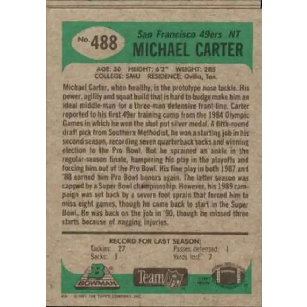 1991 Bowman #488 Michael Carter NM-MT San Francisco 49ers Football Card - Football Card Single