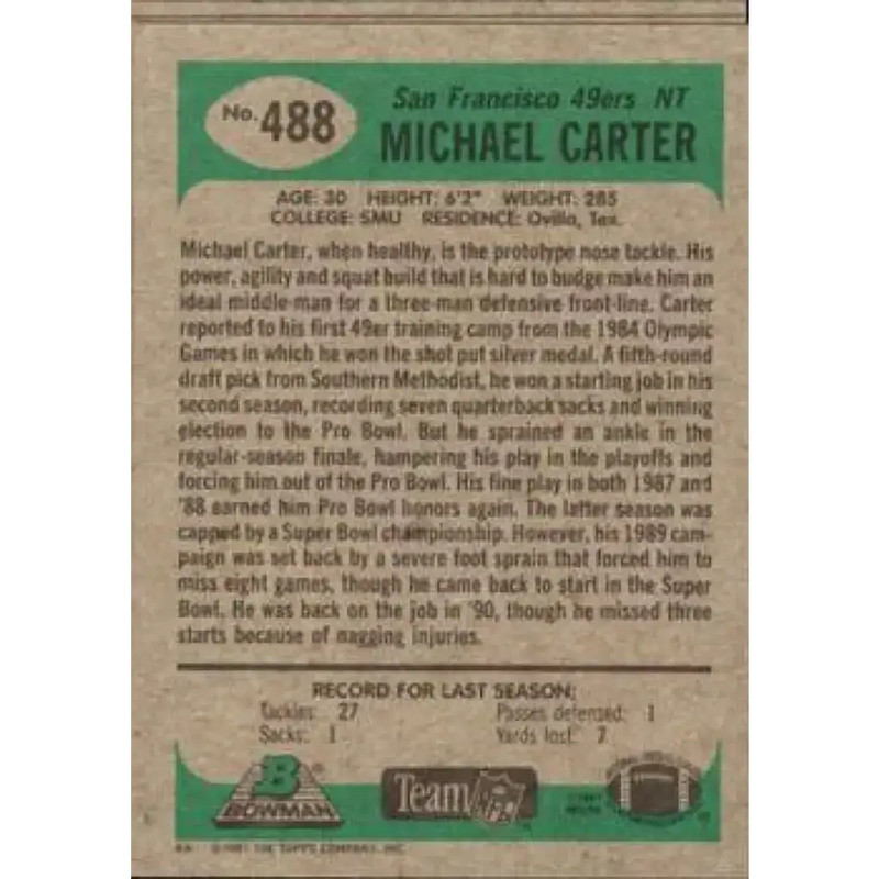 1991 Bowman #488 Michael Carter NM-MT San Francisco 49ers Football Card - Football Card Single