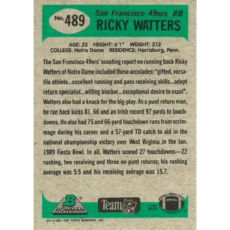 1991 Bowman #489 Ricky Watters NM-MT RC Rookie San Francisco 49ers Football Card