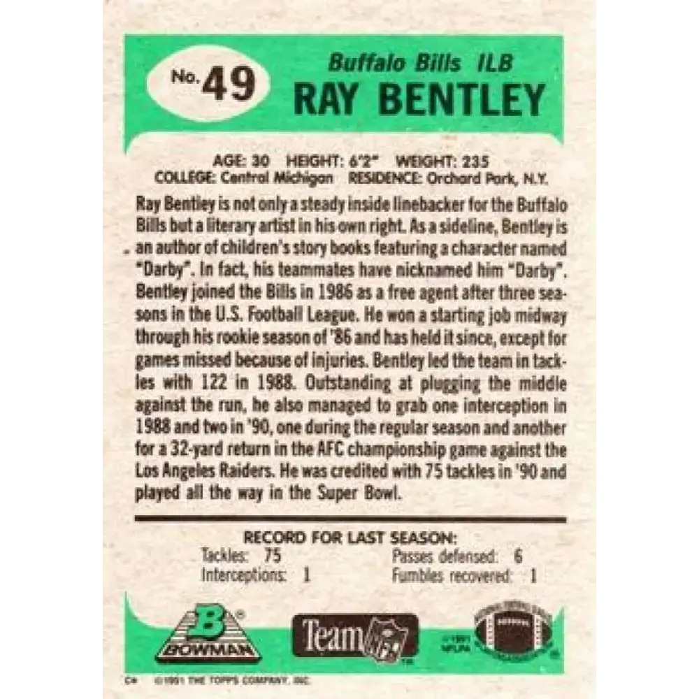 1991 Bowman #49 Ray Bentley NM-MT Buffalo Bills Football Card - Football Card Single