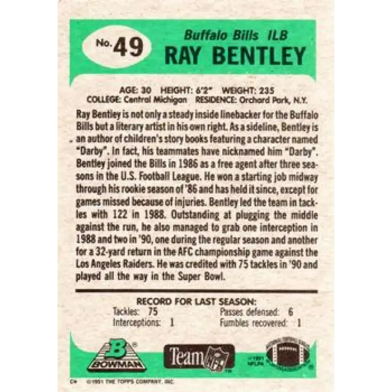 1991 Bowman #49 Ray Bentley NM-MT Buffalo Bills Football Card - Football Card Single