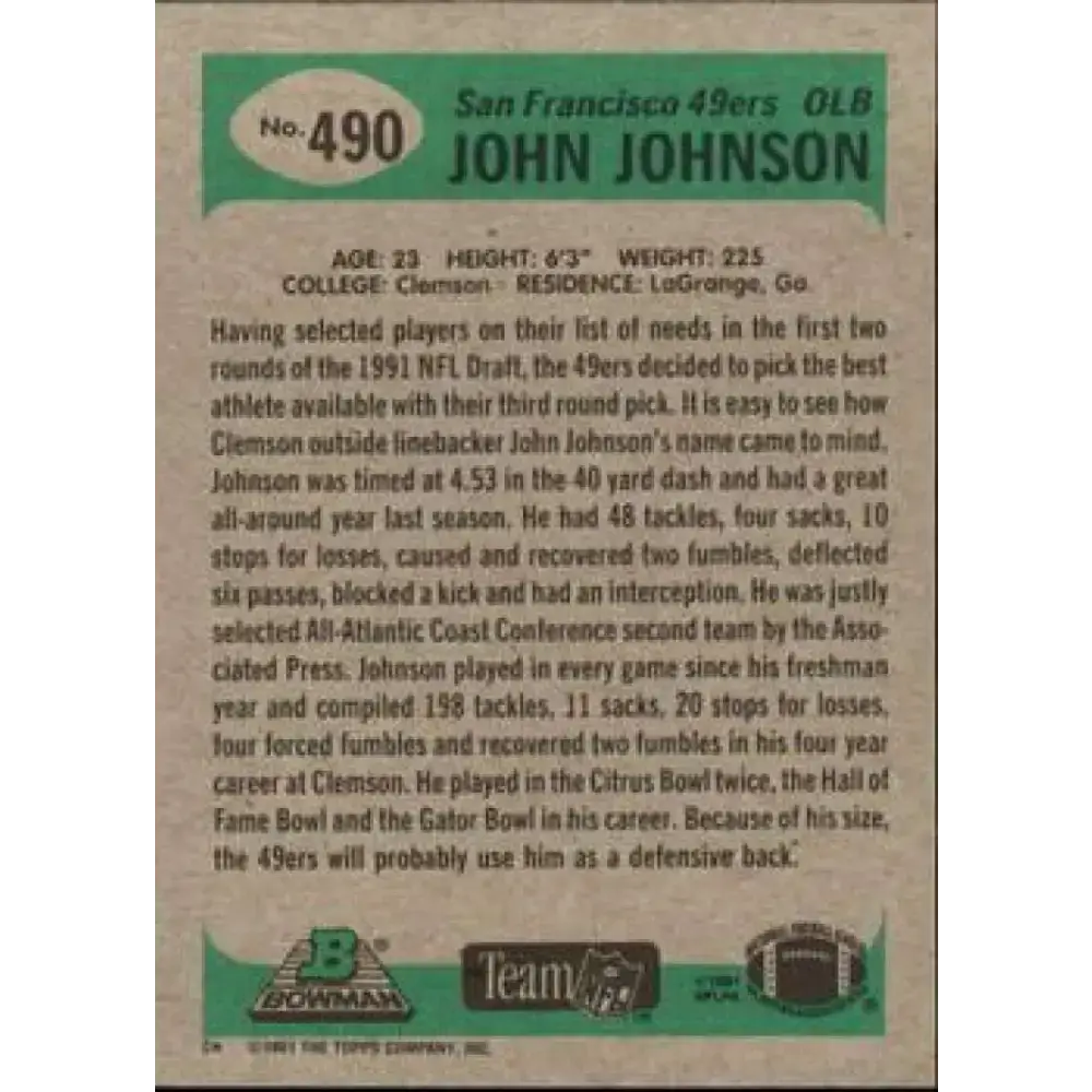 1991 Bowman #490 John Johnson NM-MT RC Rookie San Francisco 49ers Football Card - Football Card Single