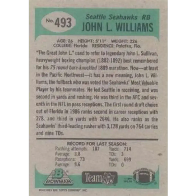 1991 Bowman #493 John Williams NM-MT Seattle Seahawks Football Card - Football Card Single
