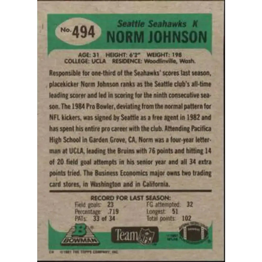 1991 Bowman #494 Norm Johnson NM-MT Seattle Seahawks Football Card - Football Card Single