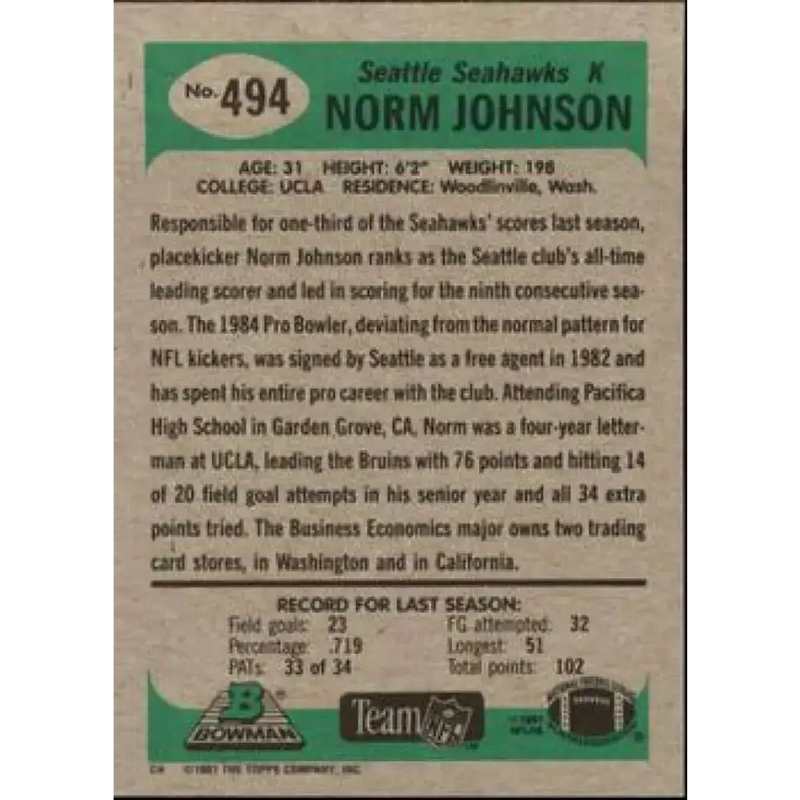 1991 Bowman #494 Norm Johnson NM-MT Seattle Seahawks Football Card - Football Card Single