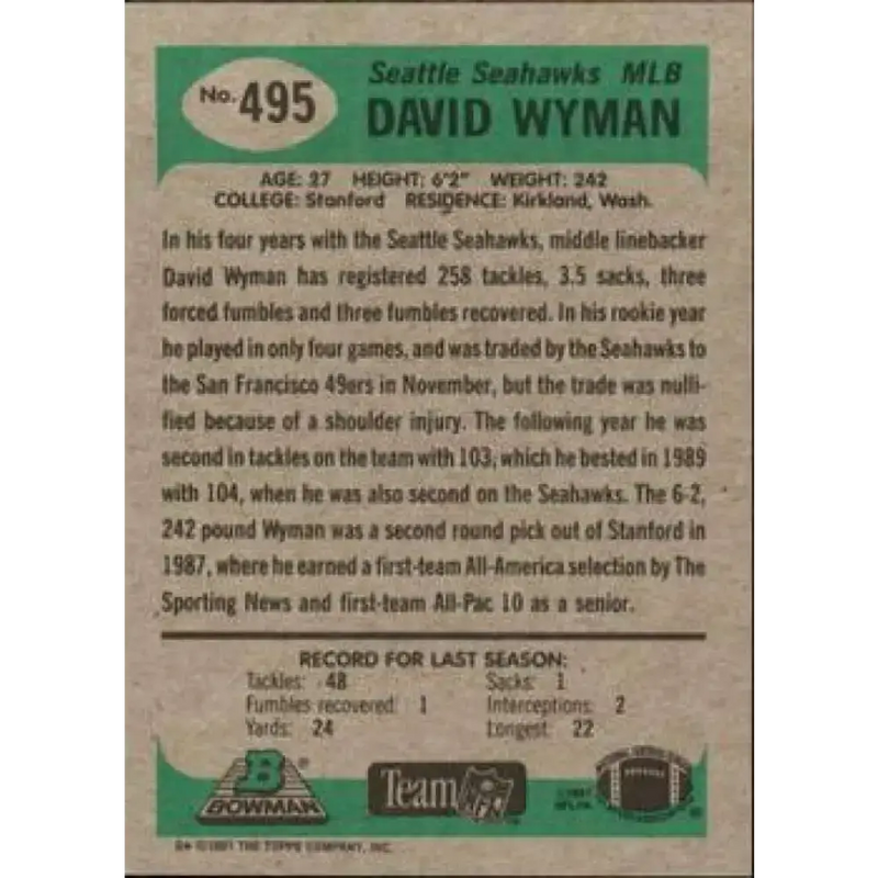 1991 Bowman #495 David Wyman NM-MT Seattle Seahawks Football Card - Football Card Single