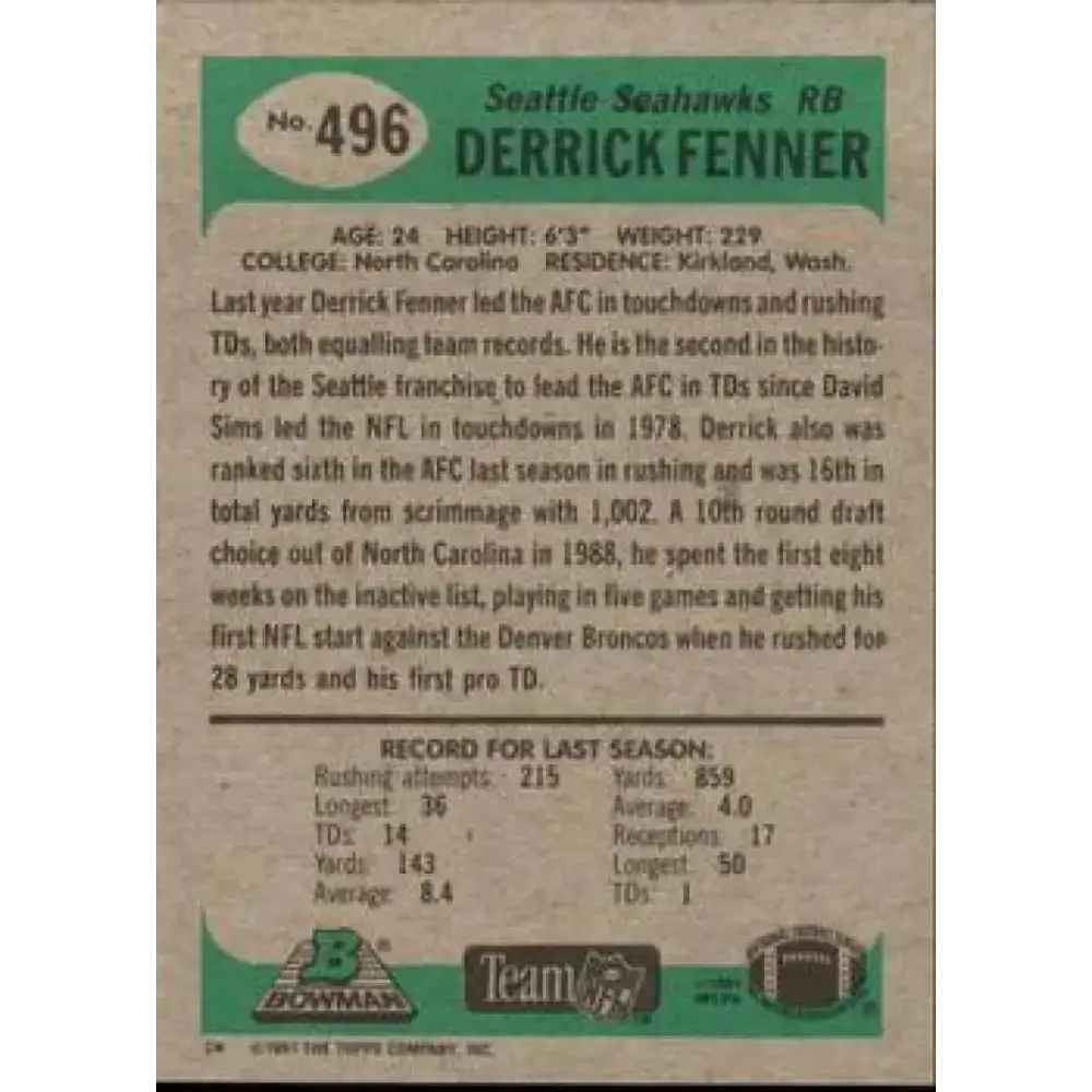1991 Bowman #496 Derrick Fenner NM-MT Seattle Seahawks Football Card - Football Card Single