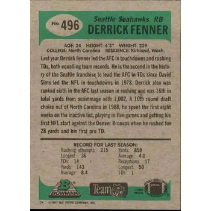 1991 Bowman #496 Derrick Fenner NM-MT Seattle Seahawks Football Card - Football Card Single