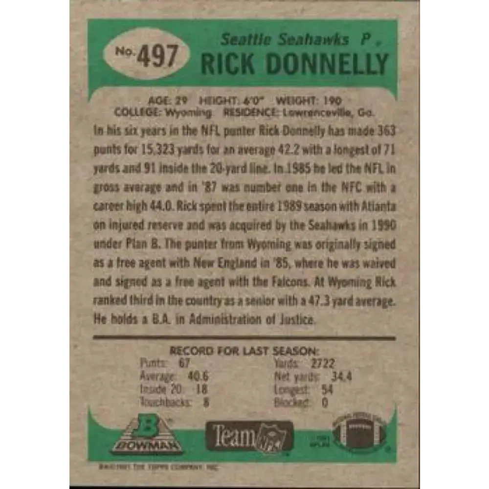 1991 Bowman #497 Rick Donnelly NM-MT Seattle Seahawks Football Card - Football Card Single