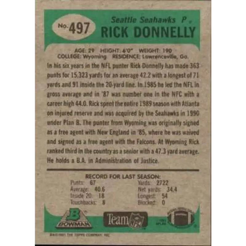 1991 Bowman #497 Rick Donnelly NM-MT Seattle Seahawks Football Card - Football Card Single