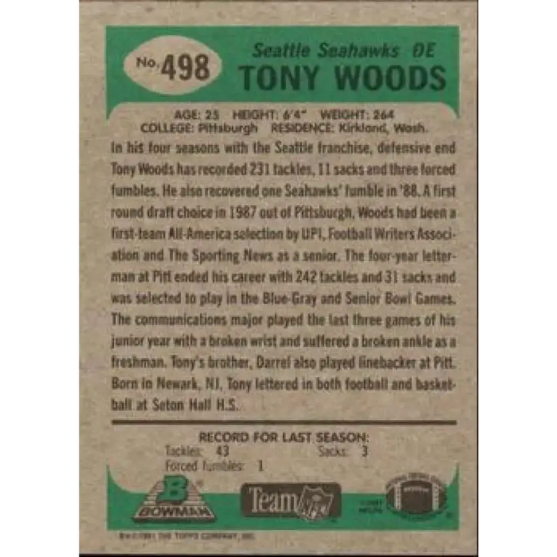 1991 Bowman #498 Tony Woods NM-MT Seattle Seahawks Football Card - Football Card Single