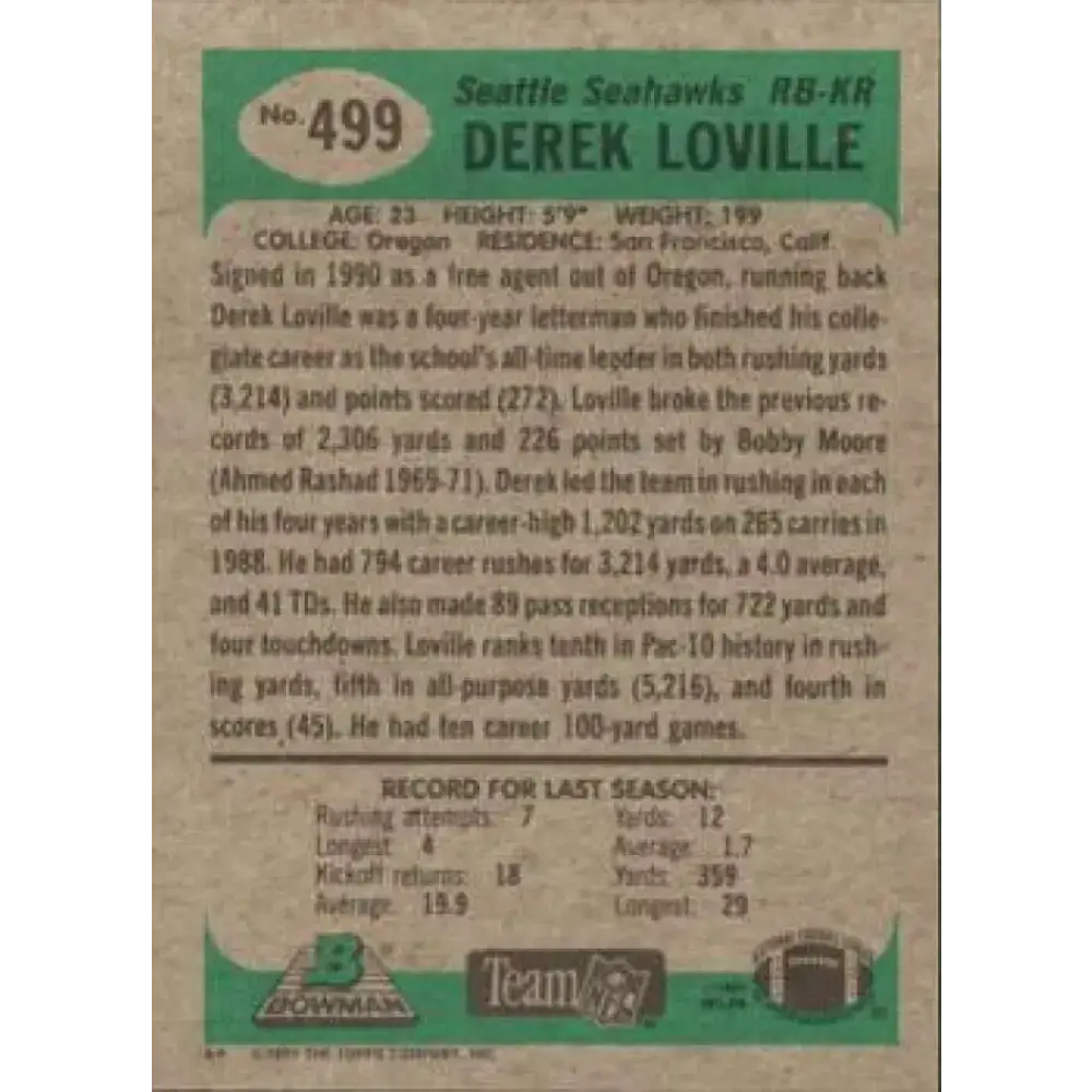 1991 Bowman #499 Derek Loville NM-MT RC Rookie Seattle Seahawks Football Card - Football Card Single