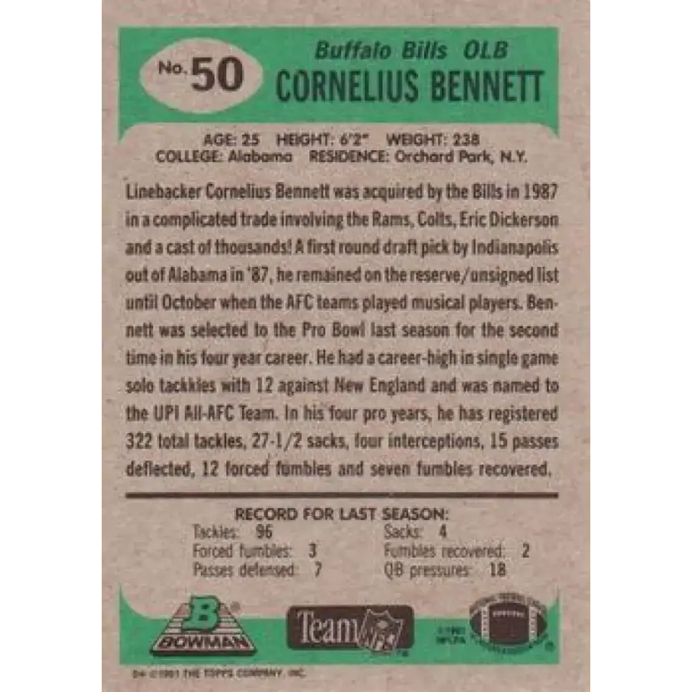 1991 Bowman #50 Cornelius Bennett NM-MT Buffalo Bills Football Card - Football Card Single