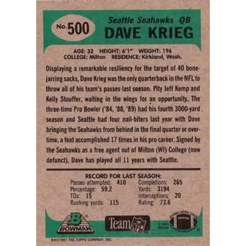 1991 Bowman #500 Dave Krieg NM-MT Seattle Seahawks Football Card - Football Card Single