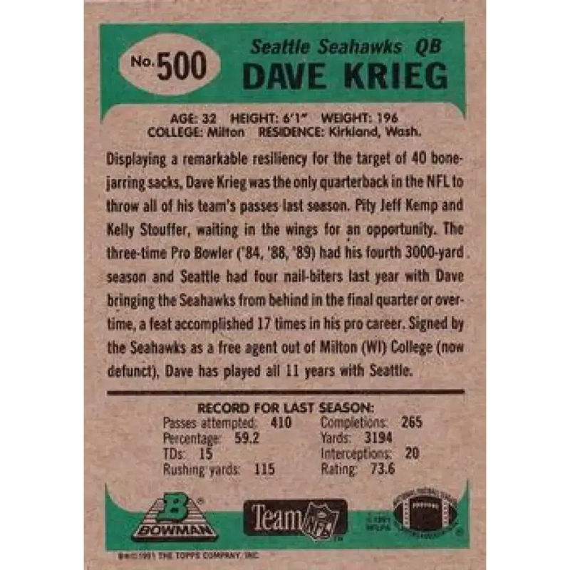 1991 Bowman #500 Dave Krieg NM-MT Seattle Seahawks Football Card - Football Card Single