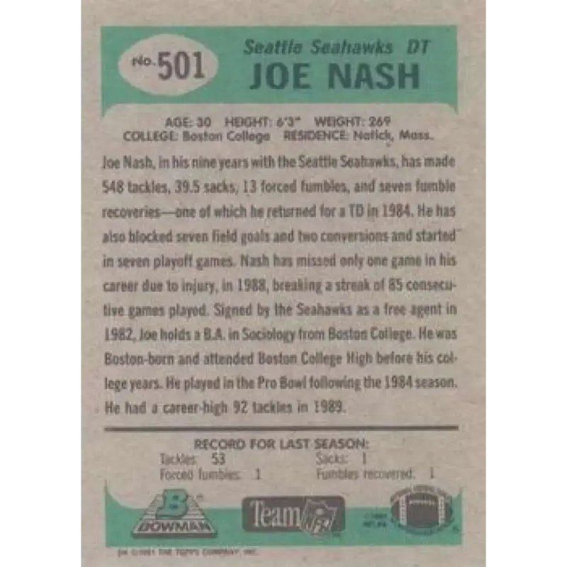 1991 Bowman #501 Joe Nash NM-MT Seattle Seahawks Football Card - Football Card Single