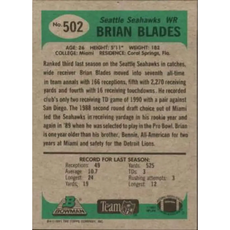 1991 Bowman #502 Brian Blades NM-MT Seattle Seahawks Football Card - Football Card Single