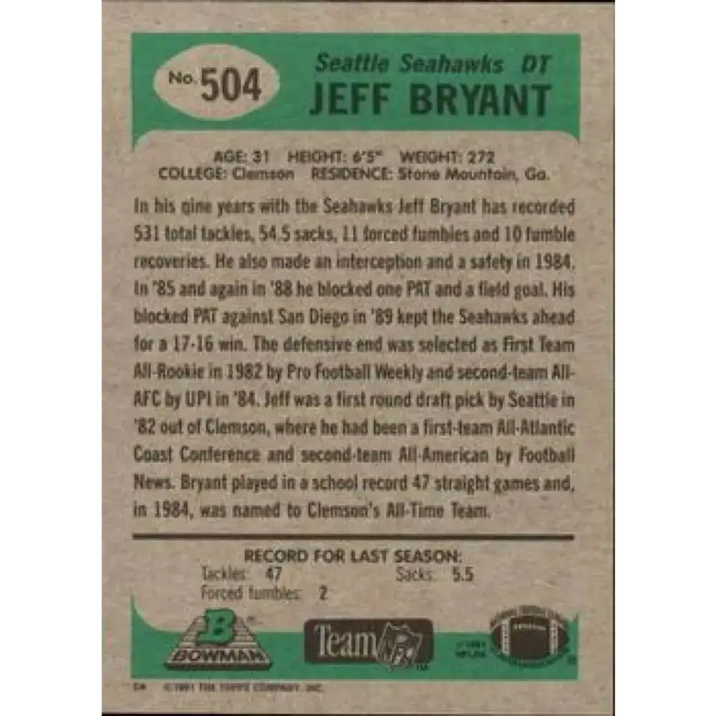 1991 Bowman #504 Jeff Bryant NM-MT Seattle Seahawks Football Card - Football Card Single