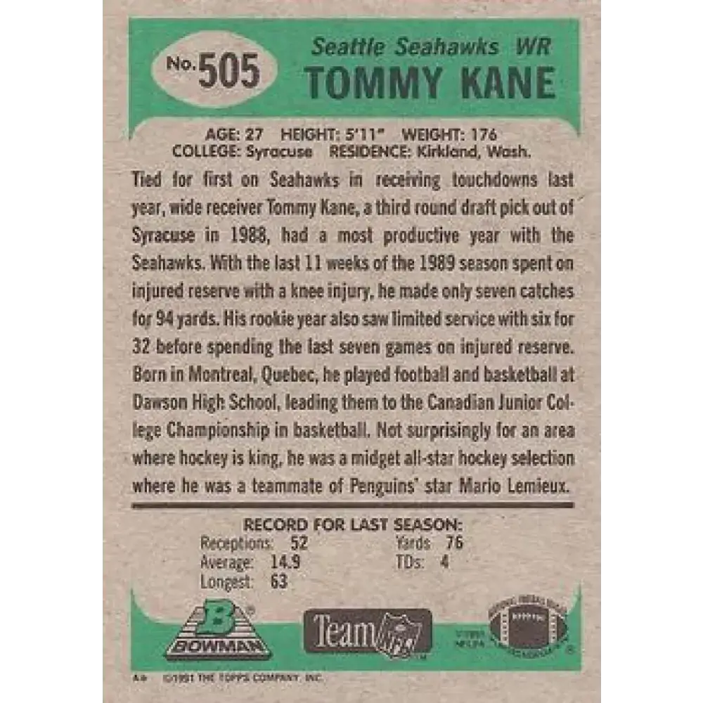 1991 Bowman #505 Tommy Kane NM-MT Seattle Seahawks Football Card - Football Card Single