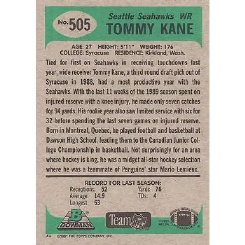 1991 Bowman #505 Tommy Kane NM-MT Seattle Seahawks Football Card - Football Card Single