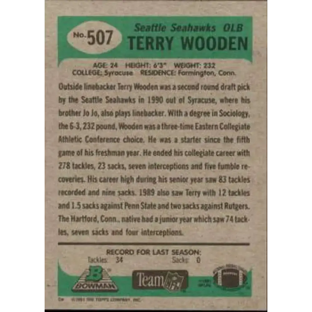 1991 Bowman #507 Terry Wooden NM-MT Seattle Seahawks Football Card - Football Card Single