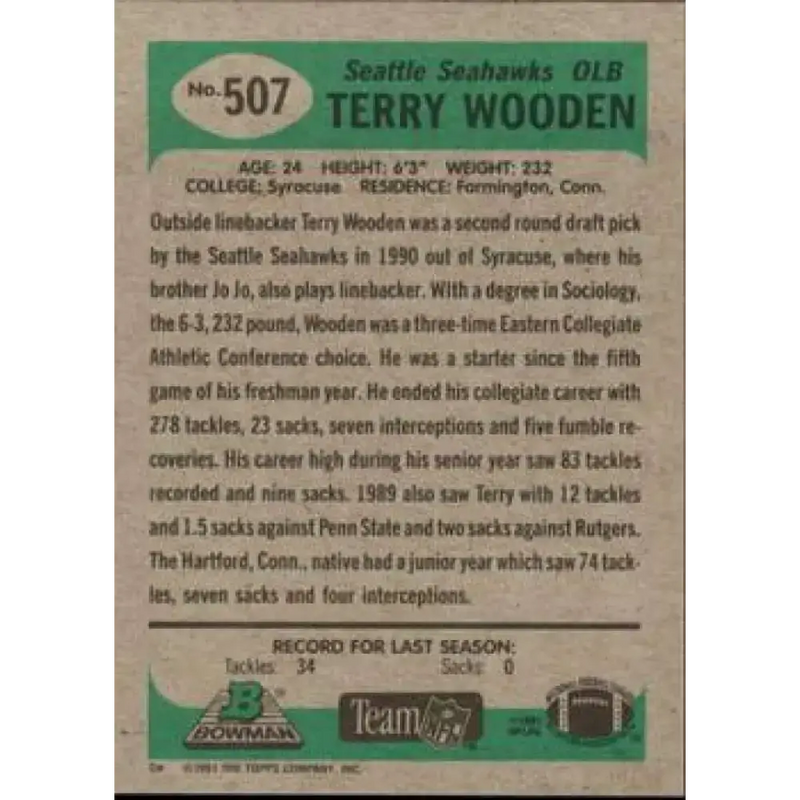 1991 Bowman #507 Terry Wooden NM-MT Seattle Seahawks Football Card - Football Card Single