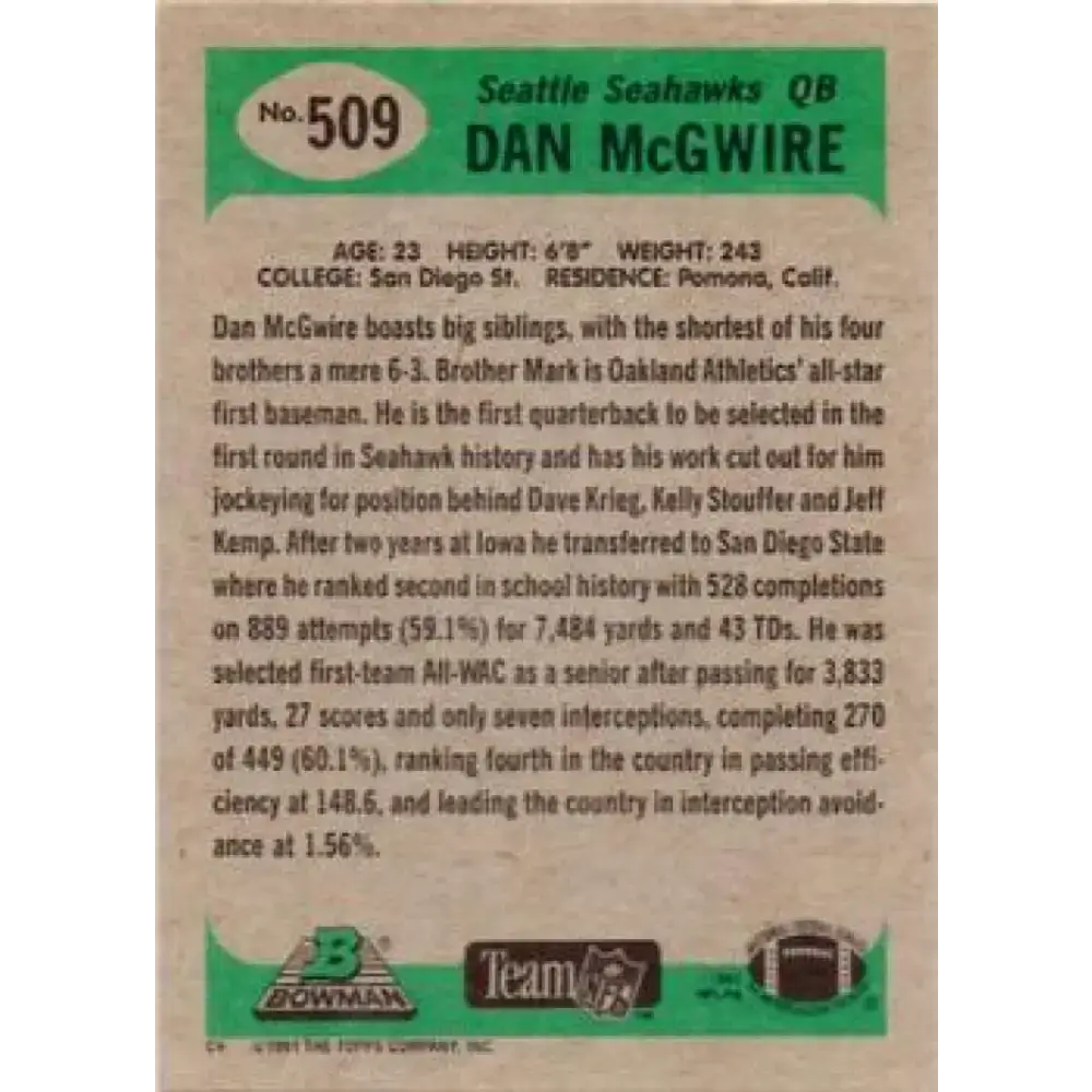1991 Bowman #509b Dan McGwire NM-MT RC Rookie Seattle Seahawks Football Card - Football Card Single