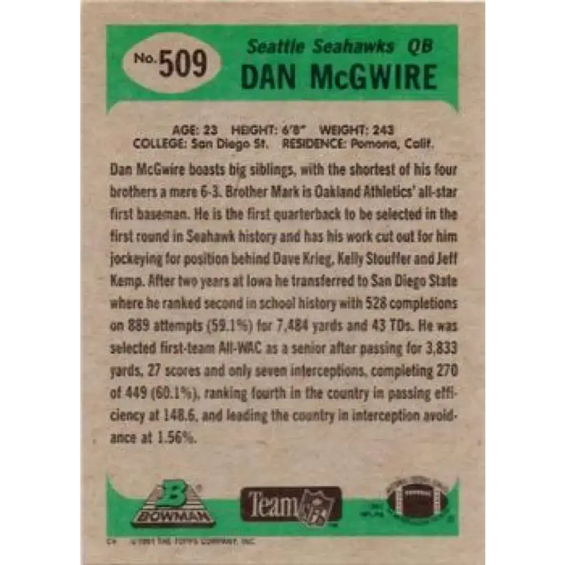 1991 Bowman #509b Dan McGwire NM-MT RC Rookie Seattle Seahawks Football Card - Football Card Single