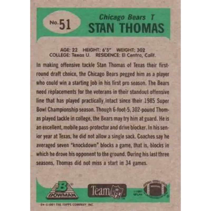 1991 Bowman #51 Stan Thomas NM-MT Chicago Bears Football Card - Football Card Single