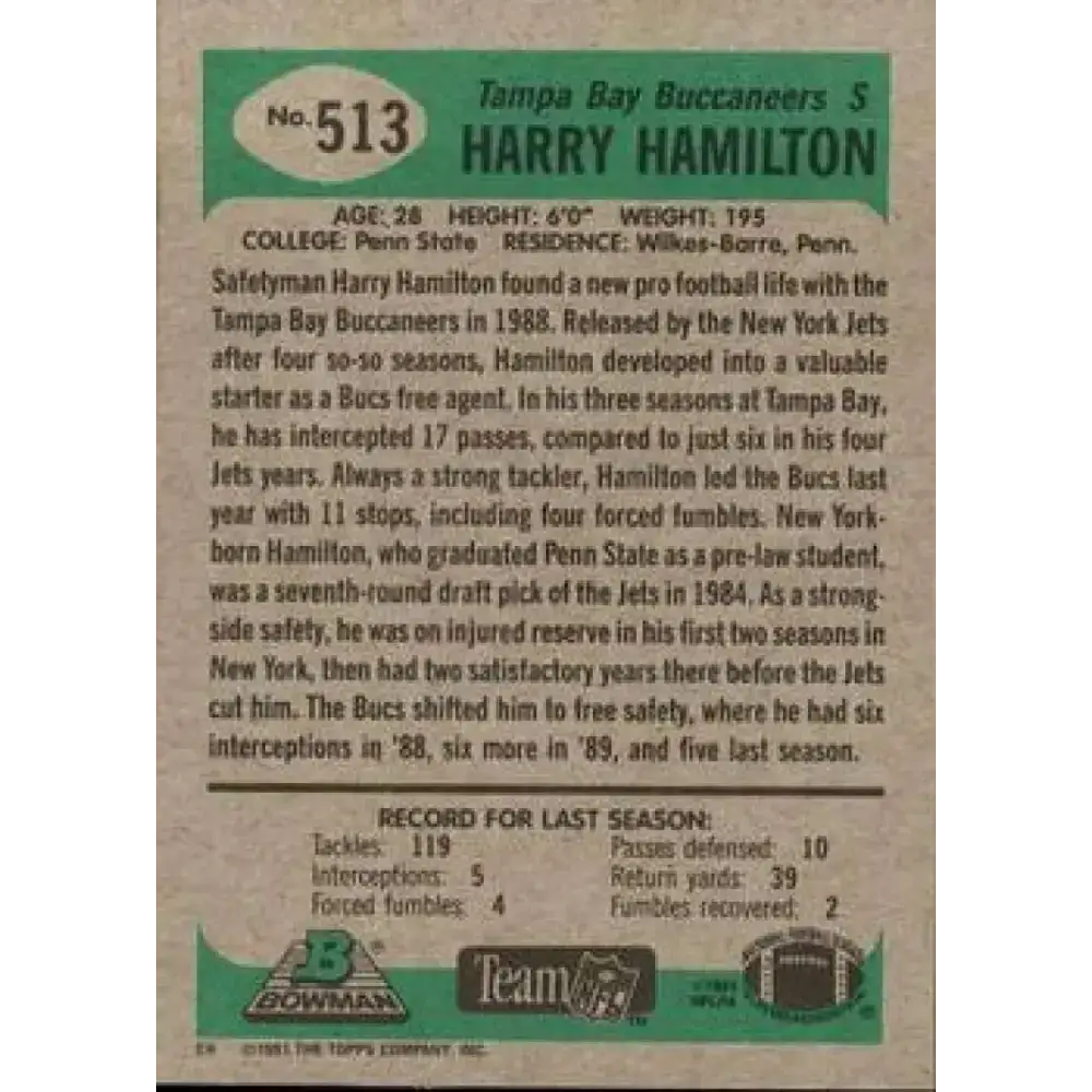 1991 Bowman #513 Harry Hamilton NM-MT Tampa Bay Buccaneers Football Card - Football Card Single