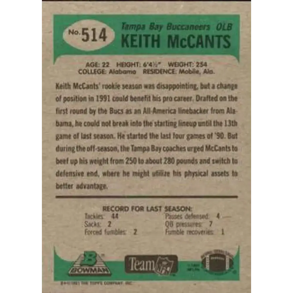 1991 Bowman #514 Keith McCants NM-MT Tampa Bay Buccaneers Football Card - Football Card Single