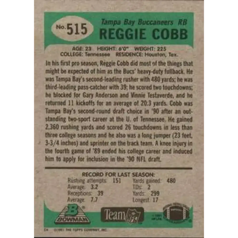 1991 Bowman #515 Reggie Cobb NM-MT Tampa Bay Buccaneers Football Card