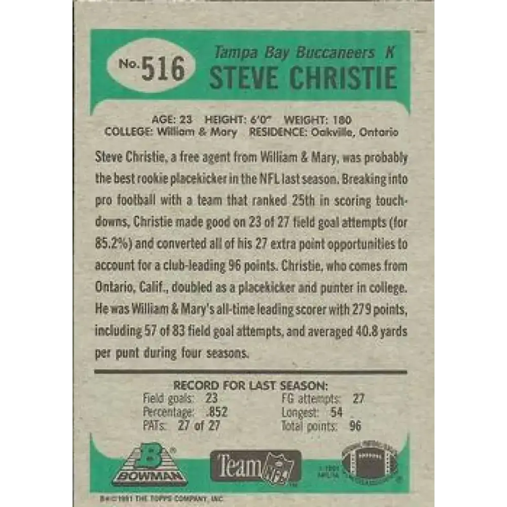 1991 Bowman #516 Steve Christie NM-MT Tampa Bay Buccaneers Football Card - Football Card Single