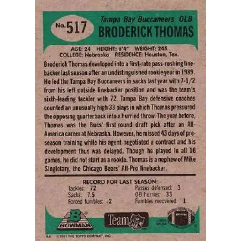 1991 Bowman #517 Broderick Thomas NM-MT Tampa Bay Buccaneers Football Card - Football Card Single