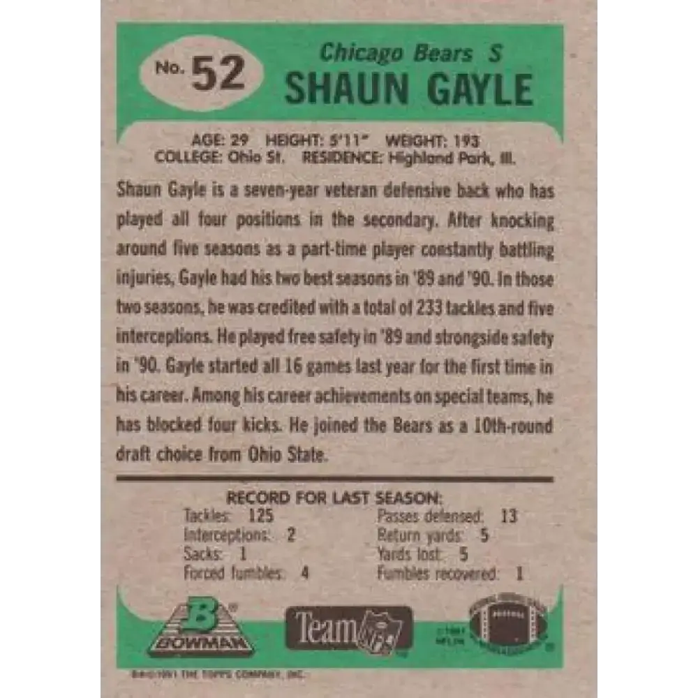 1991 Bowman #52 Shaun Gayle NM-MT Chicago Bears Football Card - Football Card Single