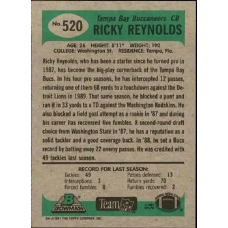 1991 Bowman #520 Ricky Reynolds NM-MT Tampa Bay Buccaneers Football Card - Football Card Single