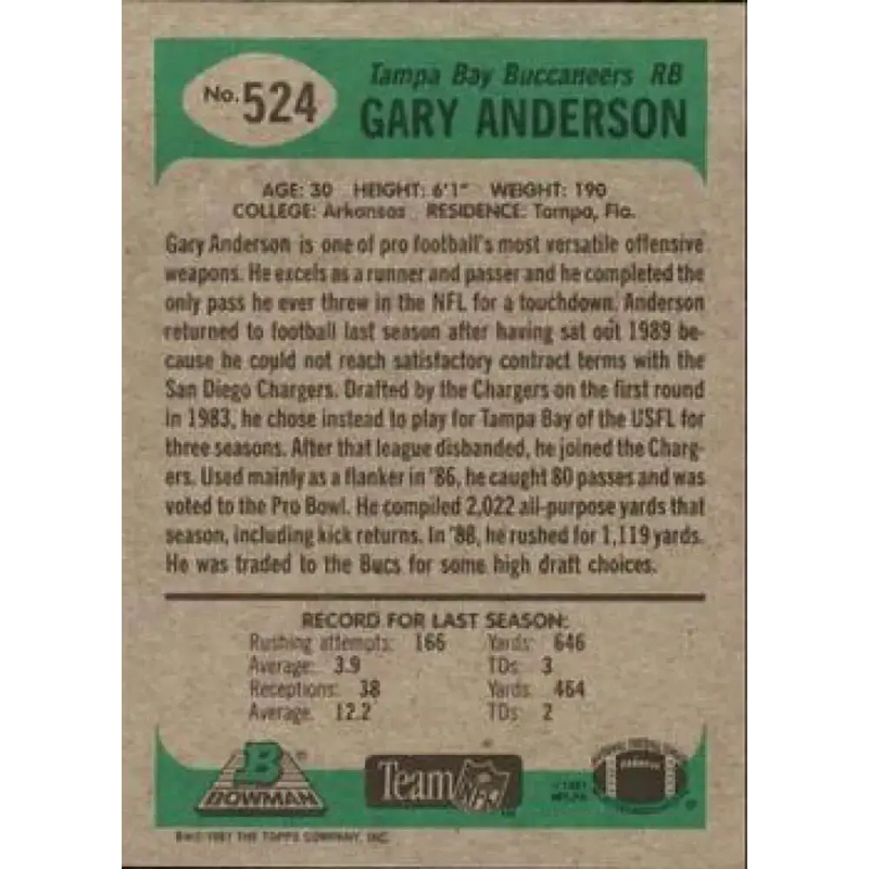 1991 Bowman #524 Gary Anderson NM-MT Tampa Bay Buccaneers Football Card - Football Card Single