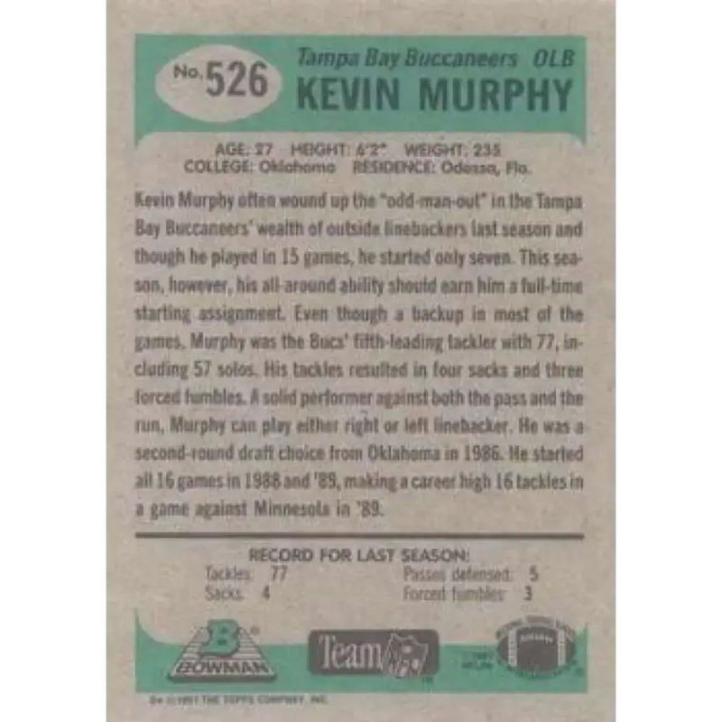 1991 Bowman #526 Kevin Murphy NM-MT Tampa Bay Buccaneers Football Card - Football Card Single