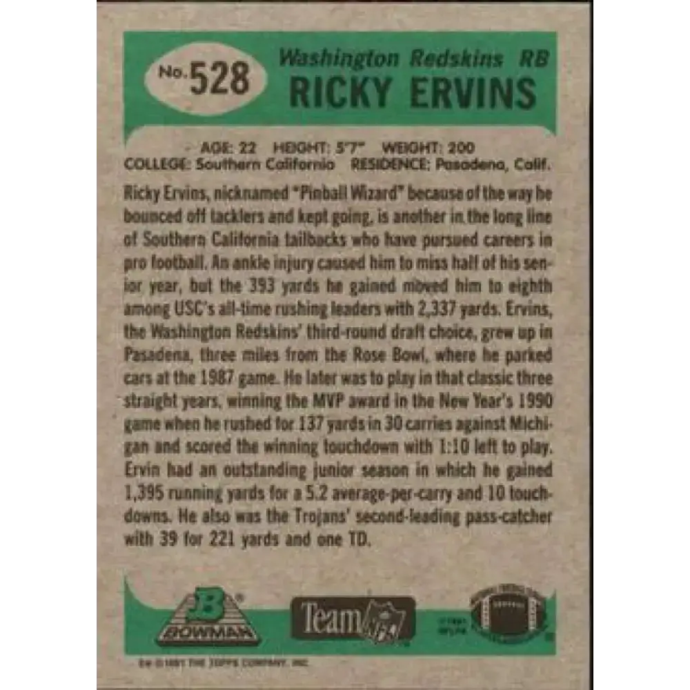 1991 Bowman #528 Ricky Ervins NM-MT RC Rookie Washington Redskins Football Card - Football Card Single