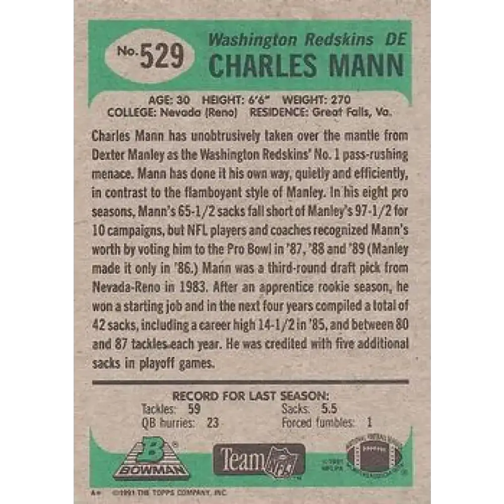 1991 Bowman #529 Charles Mann NM-MT Washington Redskins Football Card - Football Card Single